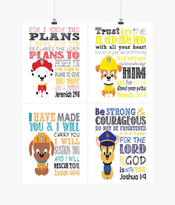Paw Patrol Christian Nursery Decor Set of 4 Prints, Chase, Marshall, Zuma and Rubble with Bible Verses