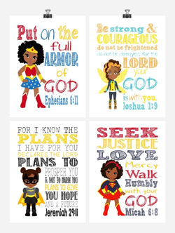 African American Christian Superhero Nursery Decor Wall Art Set of 4 Prints - Wonder Woman Supergirl Batgirl and Bumble-Bee