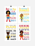 African American Christian Superhero Nursery Decor Wall Art Set of 4 Prints - Wonder Woman Supergirl Batgirl and Bumblebee