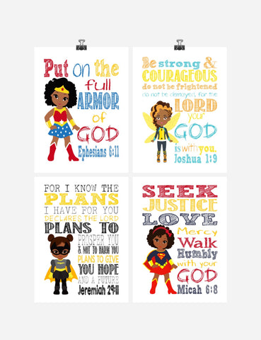 African American Christian Superhero Nursery Decor Wall Art Set of 4 Prints - Wonder Woman Supergirl Batgirl and Bumblebee