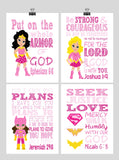 Christian Superhero Nursery Decor Art Set of 4 Prints - Supergirl, Batgirl, Wonder Woman