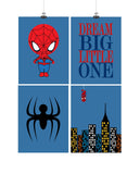 Set of 4 - Super Hero Spiderman Wall Art Prints, Spiderman, Cityscape, Dream Big Little One - Nursery Prints