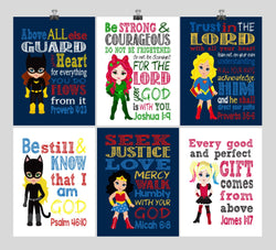 DC Superhero Girls Christian Nursery Decor Art Set of 6 Prints, Batgirl, Harley Quinn, Poison Ivy, Catgirl, Supergirl & Wonder Woman