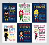 DC Superhero Girls Christian Nursery Decor Art Set of 6 Prints, Batgirl, Harley Quinn, Poison Ivy, Catgirl, Supergirl & Wonder Woman