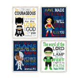Justice League Superhero Christian Nursery Decor Set of 4 Prints - Batman, Wonder Woman, Cyborg and Green Lantern