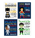 Justice League Superhero Christian Nursery Decor Set of 4 Prints - Batman, Wonder Woman, Cyborg and Green Lantern