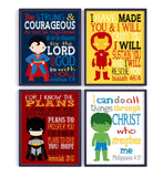 Superhero Christian Nursery Set of 4 Unframed Prints - Batman, Ironman, Superman and Hulk with Bible Verses