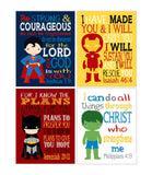 Superhero Christian Nursery Set of 4 Unframed Prints - Batman, Ironman, Superman and Hulk with Bible Verses