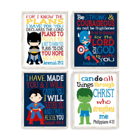 Superhero Christian Nursery Decor Set of 4 Unframed Prints, Batman, Captain America, Superman and Hulk