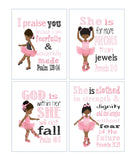 African American Ballerina Christian Nursery Decor Set of 4 Prints with Bible Verses in Pink