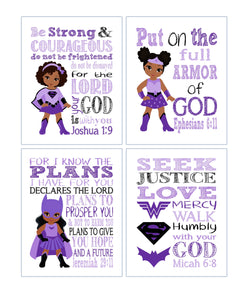 African American Superhero Christian Nursery Set of 4 Printable - Supergirl, Batgirl and Wonder Woman with Bible Verses Instant Download