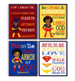 African American Superhero Christian Nursery Decor Set of 4 Unframed Prints Supergirl, Batgirl, Wonder Woman with Bible Verses