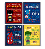 Christian Superhero Nursery Decor Set of 4 Unframed Prints Captain America Spiderman and Hulk with Bible Verses
