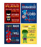 Christian Superhero Nursery Decor Set of 4 Unframed Prints - Batman, Captain America, Spiderman and Hulk with Bible Verses