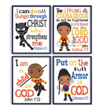 Superhero Christian Nursery Set of 4 Unframed Prints - Black Panther, Okoye, Shuri and Nakia with Bible Verses