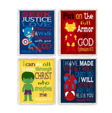 Christian Superhero Nursery Decor Set of 4 Prints - Ironman, Captain America, Spiderman and Hulk with Bible Verses