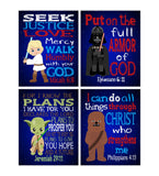 Star Wars Christian Nursery Set of 4 Unframed Prints, Luke Skywalker, Yoda, Darth Vader, Chewbacca with Bible Verses