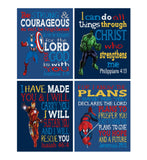 Superhero Christian Nursery Set of 4 Unframed Prints - Captain America, Hulk, Ironman and Spiderman with Bible Verses