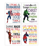 Christian Superhero Nursery Decor Set of 4 Unframed Prints - Captain America, Hulk, Ironman and Spiderman with Bible Verses