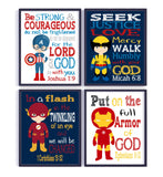 Christian Superhero Nursery Set of 4 Unframed Prints - Ironman, Flash, Wolverine and Captain America with Bible Verses