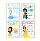 Princess Christian Nursery Decor Set of 4 Unframed Prints Jasmine, Cinderella, Mulan and Belle with Bible Verse