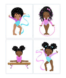African American Gymnast Girl Nursery Decor Set of 4 Prints in Purple