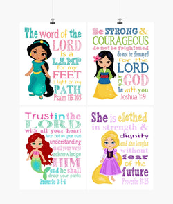 Princess Christian Nursery Decor Set of 4 Prints, Jasmine, Mulan, Ariel and Rapunzel with Bible Verses