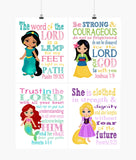 Princess Christian Nursery Decor Set of 4 Prints, Mulan, Rapunzel, Ariel and Jasmine with Bible Verses