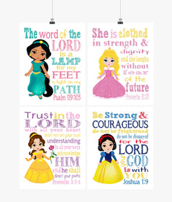 Princess Christian Nursery Decor Set of 4 Prints, Jasmine, Aurora, Belle and Snow White with Bible Verses