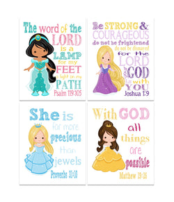 Princess Christian Nursery Decor Set of 4 Prints - Rapunzel, Cinderella, Belle, Jasmine with Bible Verses