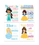 Princess Christian Nursery Decor Set of 4 Prints - Snow White, Cinderella, Belle, Jasmine with Bible Verses