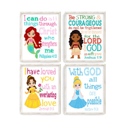 Princess Christian Nursery Decor Set of 4 Unframed Prints, Moana, Ariel, Cinderella and Belle with Bible Verses