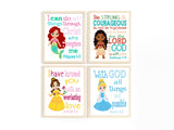 Princess Christian Nursery Decor Set of 4 Unframed Prints, Moana, Ariel, Cinderella and Belle with Bible Verses