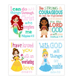 Princess Christian Nursery Decor Set of 4 Unframed Prints, Moana, Ariel, Cinderella and Belle with Bible Verses