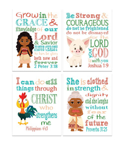 Moana Christian Nursery Decor Set of 4 Unframed Prints Moana, Pua, Hei Hei and Gramma Tala with Bible Verses