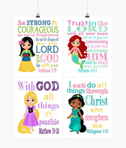 Princess Christian Nursery Decor Set of 4 Prints, Mulan, Ariel, Rapunzel and Jasmine with Bible Verses