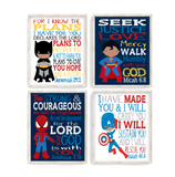 African American Christian Superhero Nursery Print Set of 4 - Batman, Captain America, Superman and Spiderman