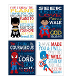 African American Christian Superhero Nursery Print Set of 4 - Batman, Captain America, Superman and Spiderman