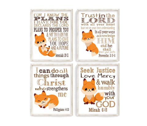 Woodland Fox Christian Bible Verses Quotes Nursery Kids Room Unframed Hanging Wall Art Set of 4 Prints Home Decor