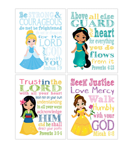 Princess Christian Nursery Decor Set of 4 Unframed Prints Jasmine, Cinderella, Mulan and Belle with Bible Verse