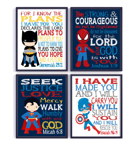 Superhero Christian Nursery Decor Set of 4 Unframed Prints - Batman, Captain America, Superman and Spiderman with Bible Verses