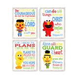 Sesame Street Nursery Decor Set of 4 Unframed Prints, Big Bird, Elmo, Bert and Ernie with Bible Verses