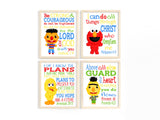 Sesame Street Nursery Decor Set of 4 Unframed Prints, Big Bird, Elmo, Bert and Ernie with Bible Verses