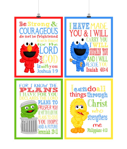 Sesame Street Christian Nursery Decor Set of 4 Prints, Big Bird, Cookie Monster, Elmo and Oscar the Grouch with Bible Verses