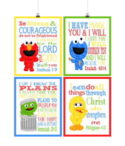 Sesame Street Christian Nursery Decor Set of 4 Prints, Big Bird, Cookie Monster, Elmo and Oscar the Grouch with Bible Verses
