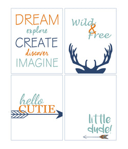 Wild and Free Deer Tribal Nursery Set of 4 Orange and Blue Kids Bedroom Decor Prints