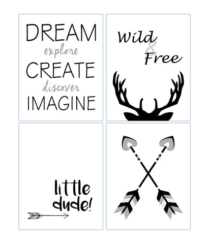 Wild and Free Black and White Monochrome Tribal Nursery Set of 4 Kids Minimalist Bedroom Decor Prints