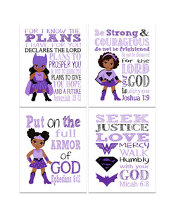 African American Superhero Christian Nursery Set of 4 Prints - Supergirl, Batgirl and Wonder Woman with Bible Verses