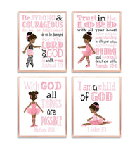 African American Ballerina Christian Nursery Decor Set of 4 Unframed Prints in Pink and Black with Bible Verses