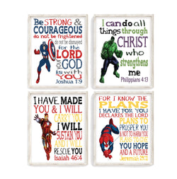 Christian Superhero Nursery Decor Set of 4 Unframed Prints - Captain America, Hulk, Ironman and Spiderman with Bible Verses